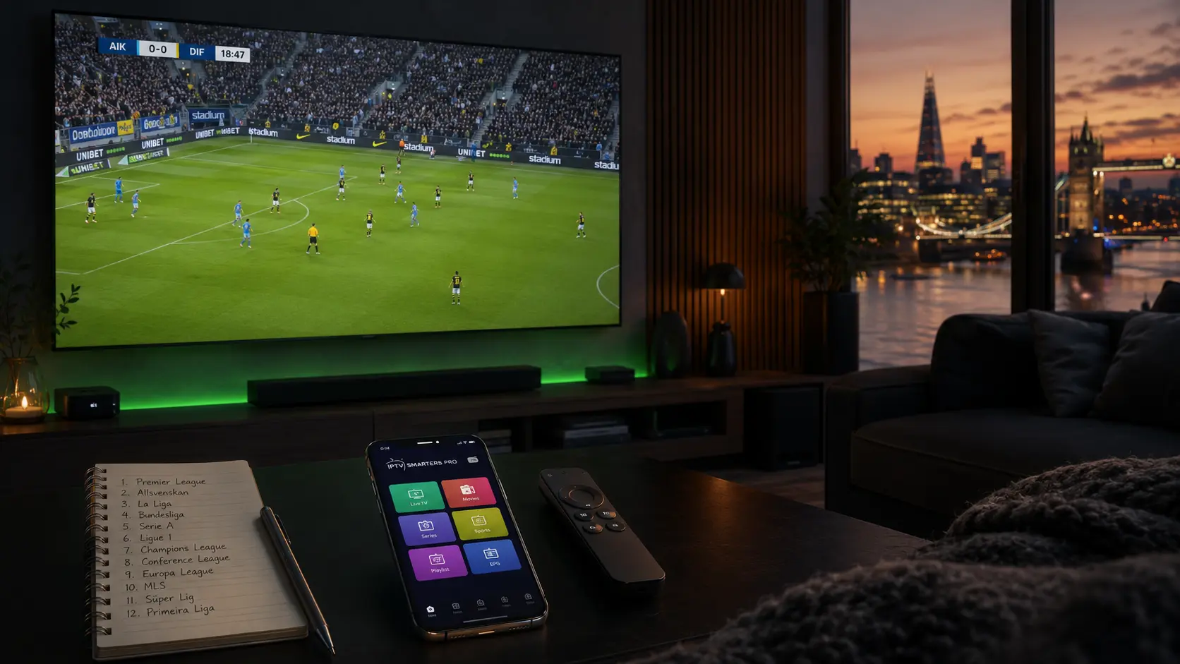 Best rated IPTV Sweden – Allsvenskan match streaming on a Smart TV in a London apartment, with IPTV Smarters Pro on a phone and the 12-league test checklist