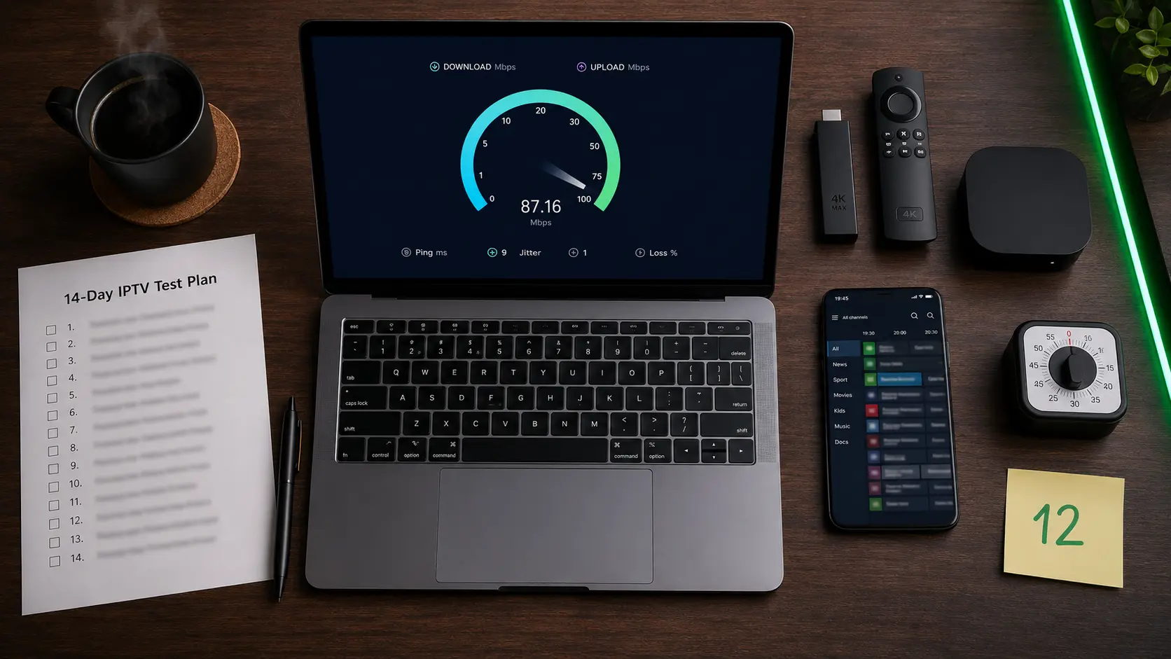 Best rated IPTV Sweden – 14-day IPTV test plan, Speedtest at 87 Mbps, Fire TV Stick, Apple TV, and a TiviMate EPG grid on the workbench
