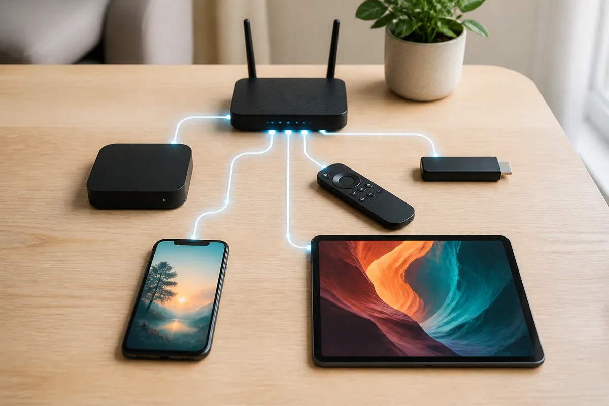 Olika enheter som visar hur fungerar IPTV – box, smart-tv, sticka och mobil anslutna via internet