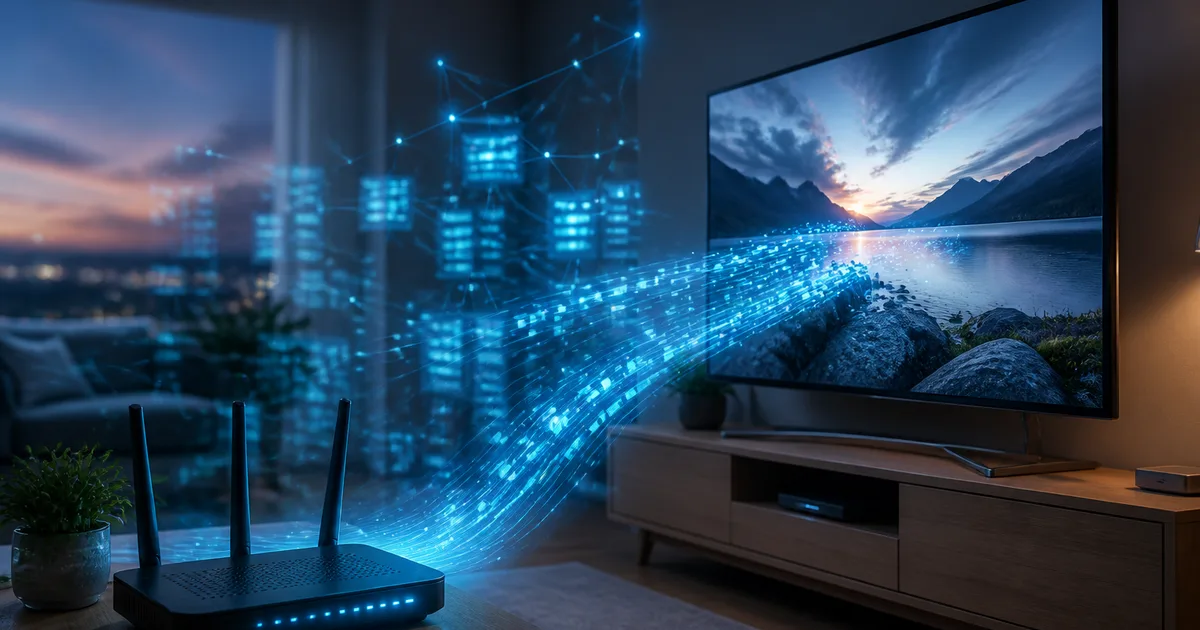 Illustration av hur fungerar IPTV – tv-signal som omvandlas till dataström via internet till en skärm