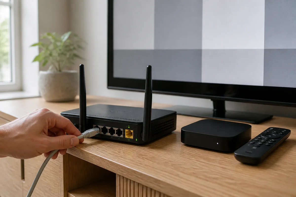 Närbild på router och tv-skärm som illustrerar felsökning när IPTV fungerar inte